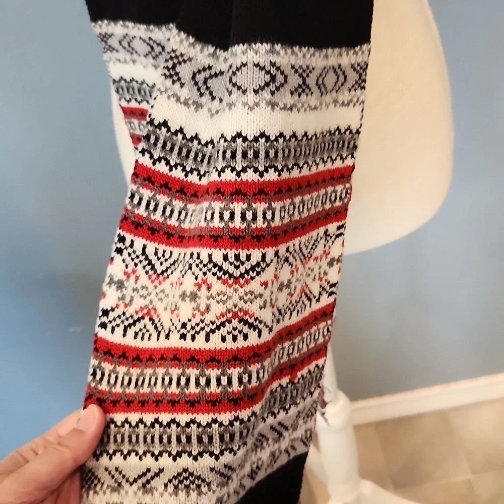 Vintage Nordic fairisle sequin beaded fringe colorblock long scarf